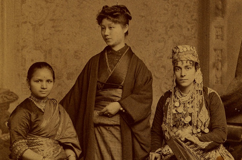 A photo taken in 1885 of Anandibai Joshee, who graduated in 1886; Kei Okami who graduated in 1889; and Sabat Islambooly, who graduated in 1890. Photo courtesy Legacy Center Archives, Drexel College of Medicine. 